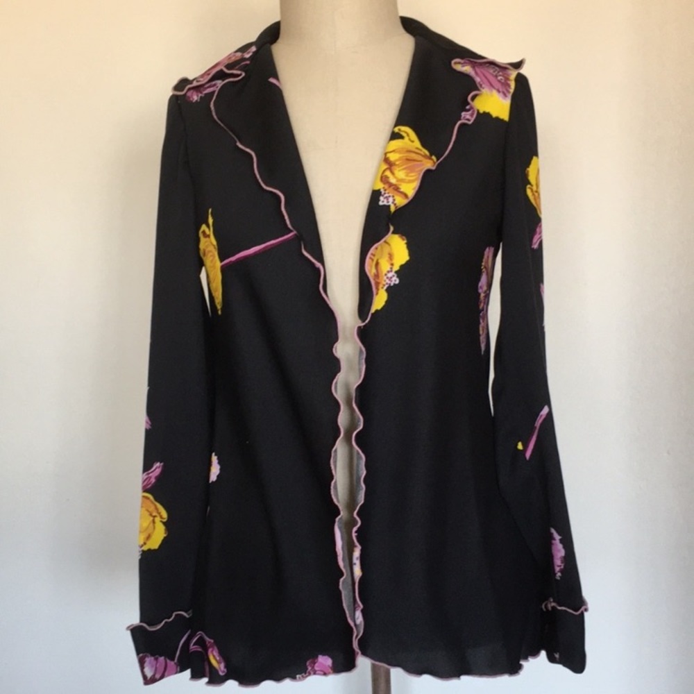 Vintage 1970s knit floral long sleeve open top, black S